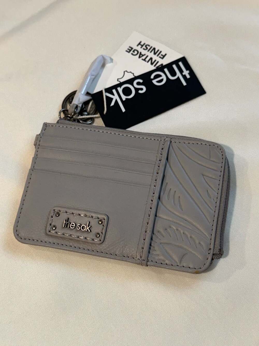 Leather Zip Card Holder Wallet Keychain Vintage Finish Gray NWT
